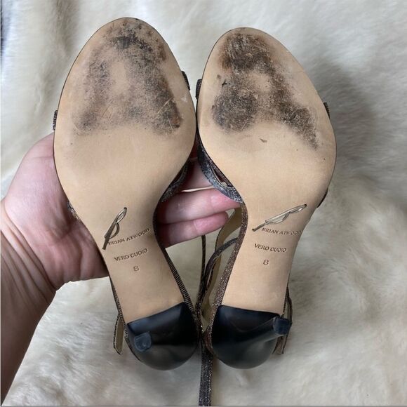 Brian Atwood Laetitia Glitter 4.5” Heels T-Strap Strappy Party Metallic 8 - Picture 10 of 12